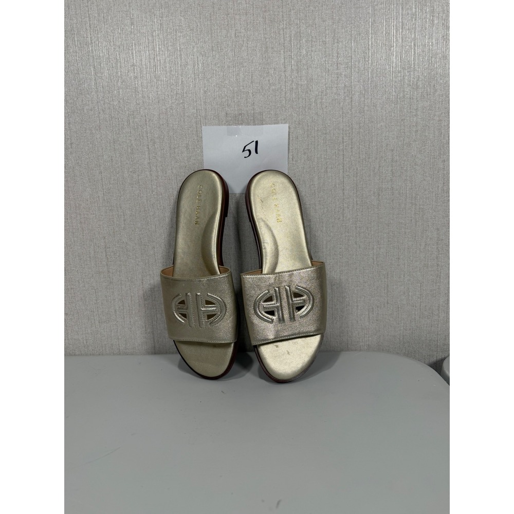 Cole Haan Womens Gold Metallic Logo Slide Sandals W27708 Size 8B